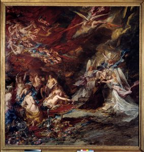 Die Versuchung des heiligen Antonius Der Einsiedler Antonius der Große (251-356) wird den Versuchungen des Teufels in der Wüste ausgesetzt. Gemälde von Louis Gabriel Eugene Isabey (1803-1886) von Louis Eugene Gabriel Isabey