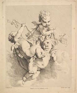 Drei Cupidos spielen mit Weinreben