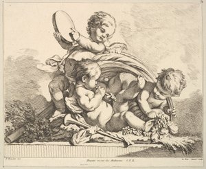 Drei Cupidos, zwei spielen Musik, einer hält Palmblätter von Louis Felix de la Rue