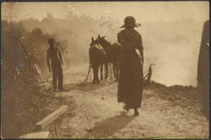 [Bauernszene mit Frau, die auf Pferde zugeht] von Louis Fleckenstein