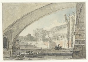 Durchblick unter einer Brücke zu Terrassen und einer Treppe von Louis Gabriel Moreau