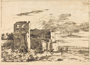 Ruinengebäude in der Nähe eines Flussufers von Louis Gabriel Moreau the Elder
