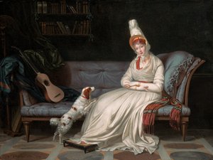 Porträt von Elizabeth, Lady Webster, später Lady Holland, in einem weißen Kleid mit ihrem Spaniel Pierrot, ca. 1795