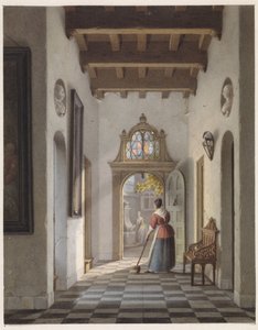 Mädchen, das den Flur eines Hauses fegt