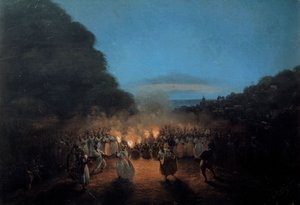 Die Bamboula, einst Tanz mit Bambus (oder Stöcken) in den Westindischen Inseln. Schwarze Sklaventanzszene im Licht von Fackeln. Gemälde von Honore Gamain