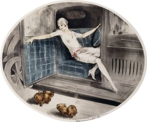 Frau in einem Auto mit zwei Pekinesen von Louis Icart