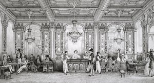 Café der Banque de France, erbaut von Architekt Dusillon und gelegen am Place de Victoire - Gravur von Schaal - 1839