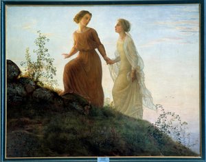 Das Gedicht der Seele; Auf dem Berg, eine junge Frau begleitet von einer Muse erklimmt einen Berg in lyrischer Atmosphäre