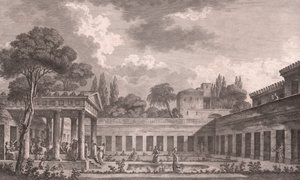 Ideale Rekonstruktion der Villa des Diomedes in Pompeji in ihrem ursprünglichen Zustand vor dem Vulkanausbruch des Vesuvs im Jahr 79 n. Chr., Kampanien, Italien, Radierung nach einer Zeichnung von Louis Jean Desprez (1743-1804) von Louis Jean (after) Desprez
