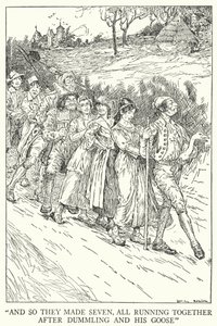 "Und so machten sie sieben, die alle zusammen hinter Dummling und seiner Gans herliefen" (Lithografie) von Louis John Rhead