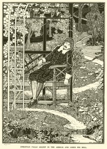 Christian schläft im Laubengang ein und verliert seine Rolle (Gravur) von Louis John Rhead