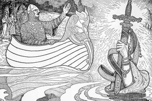 Darstellung der Dame vom See (Fee Viviane), Charakter der Artussagen, die König Artus das Schwert Excalibur überreicht