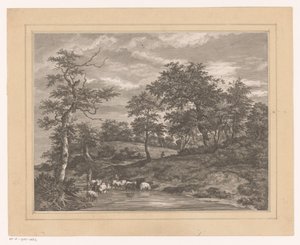 Waldlandschaft mit Hirte an einem Teich