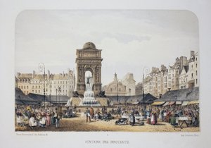 Brunnen der Unschuldigen (Brunnen der Nymphen), Paris. Lithografie Aquarell, Illustration von Arnout, in „Album, Souvenirs de Paris“, Daziaro Herausgeber, Paris von Louis Jules Arnout