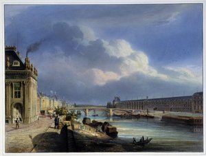 Ansicht der Pont du Carrousel und der Grand Galerie du Louvre - in „Paris en 1837“ von Arnout von Louis Jules Arnout