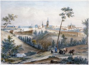 Bouvier auf dem bretonischen Land (Dinan in der Ferne) - Lithographie von Jacottet und Benoist