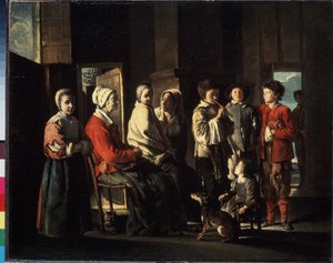 Der Besuch bei der Großmutter. Familie versammelt sich um eine alte Frau in einem bäuerlichen Interieur, einer der Jungen spielt Flöte. Allegorie der familiären Einheit durch die verschiedenen Generationen. Gemälde von Louis
