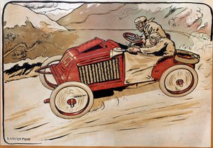 Automobil: ein Rennwagen. Marcel Renault (1872-1903) und René Vauthier überqueren die Alpen während des Rennens PARIS-WIEN 1902 im Auto 147. Lithographie von Louis Lucien Faure Dujarric (1872-?), 20. Jahrhundert. Conservatoire national des Arts et Métiers, von Louis Lucien Faure Dujarric