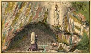 Die Erscheinung der Jungfrau Maria in Lourdes - Die Jungfrau erscheint Bernadette Soubirous (1844-1879) in Lourdes im Jahr 1858 - - Gravur aus „Religiöse Lehre durch die Augen. Wunderbares Album“ von Louis Maitrejean und Georget Ramond - Frankreich 1910