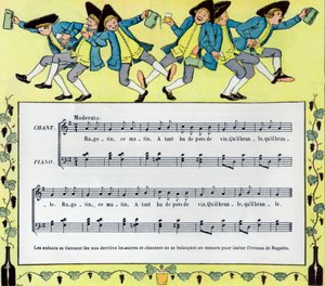 Partitur und Illustration von Louis Maurice Boutet de Monvel des Kinderliedes Ragotin