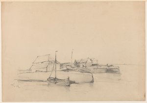 Häuser und zwei Schiffe an der Küste