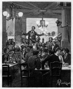 In der Mitte, auf einem Tisch, führt Desroches den Charivari an. Szene in einem Pariser Café: Menschen singen, trinken, rauchen, plaudern und flirten an Tischen. In „Trente ans de Paris“, autobiografische Sammlung von Alphonse Daudet (1840-1897). Gravur na von Louis Montegut