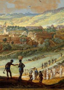 Detail: Ansicht der Stadt Cap-Français (Cap de la République) vom Hügel in Santo Domingo. Detail von Louis Nicolas van Blarenberghe