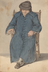 Schlafender Mann in einem langen blauen Mantel