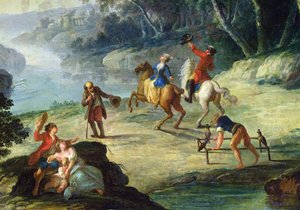Eine Jagd mit Falken, Detail eines Reiters und eines Falkners (Detail)