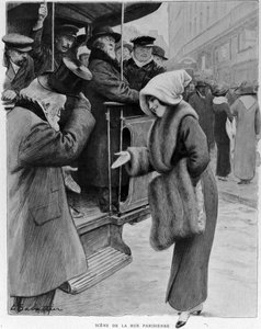 Höflichkeit: Szene der Pariser Straße - Galanterie von einst im Paris von heute. Ein alter Mann und eine junge Frau an der Bushaltestelle. Illustration von Sabattier. sd. 1910er Jahre.