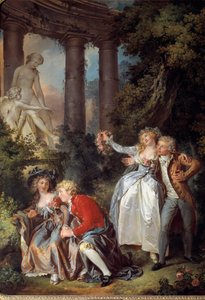 Galante Venus-Szene in einer romantischen Landschaft mit antiken Ruinen
