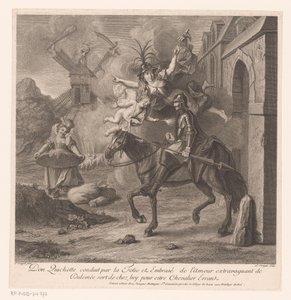 Don Quichotte verlässt begleitet von der Torheit sein Haus, um ein wandernder Ritter zu werden