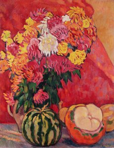 Vase mit Geranien und Melonen