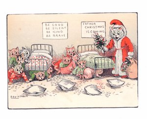 Viktorianische Grußkarte von Kätzchen, die sich vor Angst ducken beim Anblick einer als Weihnachtsmann verkleideten Katze, ca. 1880