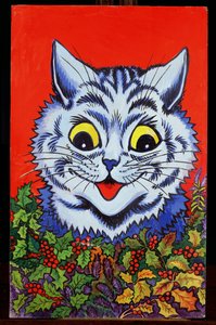 Katze im Stechpalmen (Gouache)