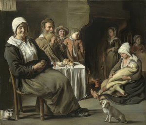 Bauern-Interieur mit einem alten Flötenspieler