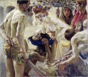 Salome. Die biblische Heldin, im Tanzkostüm, erhält den Kopf von Johannes dem Täufer auf einem Tablett, das Herodes ihr als Belohnung für ihre Reize anbietet. Gemälde von Lovis Corinth (1858-1925), Öl auf Leinwand