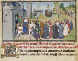 Der byzantinische Kaiser begrüßt Roussillon und Martel von Loyset Liedet