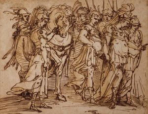 Amazonen mit einem Pferd in Prozession nach rechts von Luca Cambiaso