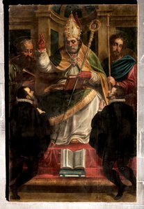 Genua, Duomo (St. Laurentius-Kathedrale): "St. Gotthard zwischen St. Paul und St. Jakob und zwei knienden Gläubigen" (1571), von Luca Cambiaso (mit Übermalungen von Carlo Giuseppe Ratti) von Luca Cambiaso