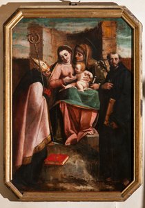 Genua, Duomo (St. Laurentius-Kathedrale), innen, Baptisterium (ehemals Kirche St. Johannes der Alte): "Madonna und Kind unter St. Anna, St. Nikolaus von Bari und St. Nikolaus von Tolentino", von Luca Cambiaso von Luca Cambiaso