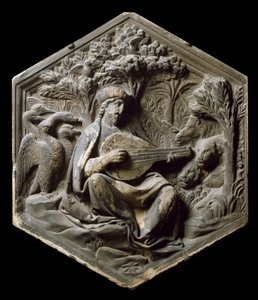 Allegorie der Musik als Orpheus. Die Tiere des Waldes lauschen Orpheus, der die Laute spielt. Hochrelief von Luca della Robbia