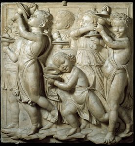 Tafel der Cantoria oder Tribüne der Sänger: Kind, das Zimbeln spielt. Hochrelief aus Marmor von Luca della Robbia, 1431-1438 von Luca Della Robbia
