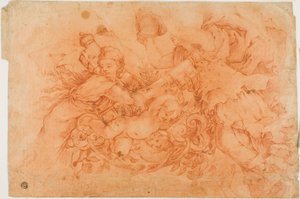 Allegorische Figuren, die das päpstliche Insignien halten, Studie nach der Allegorie der göttlichen Vorsehung im Palazzo Barberini in Rom von Luca Giordano