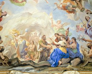 Geburt des Menschen, Detail des Freskenzyklus im Spiegelsaal von Luca Giordano, Palazzo Medici Riccardi, Florenz
