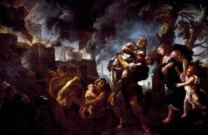 Aeneas flieht aus Troja. Aeneas trägt Anchises und flieht aus der von den Achäern eroberten Stadt. Gemälde von Luca Giordano (1634-1705)