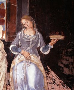 Benedikt sagte den Mönchen, wo und wann sie außerhalb des Klosters aßen (Detail). Kreuzgangfresko von Luca Signorelli (ca. 1445-1523), das das Leben des heiligen Benedikt von Nursia (480 - 567) erzählt, Gründer des Benediktinerordens 1497-1498 Abtei von Mo