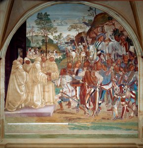 Der heilige Benedikt von Nursia empfängt Totila (6. Jahrhundert), König der Ostgoten. Fresko im Refektorium der Mönche von Luca Signorelli, das das Leben des heiligen Benedikt von Nursia (480 - 567) erzählt, Gründer des Benediktinerordens. 1503 - 1508 Abte von Luca Signorelli