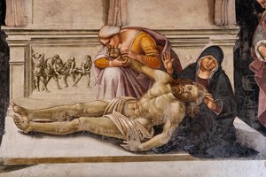 Das Innere, Cappella Nova oder Kapelle des Hl. Brizio, Kapelle der Heiligen Leiber: "Beweinung des toten Christus" zwischen den beiden Heiligen von Orvieto (S. Parenzo rechts und S. Faustino links), von Luca Signorelli