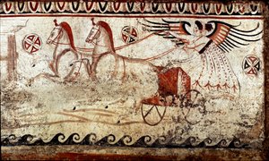 Ein Sieg geführt von einem Biga. Lukanisches Fresko aus dem 4. Jahrhundert v. Chr., aus der Nekropole von Paestum, Italien. Museo nazionale archeologico, Paestum von Lucanian School